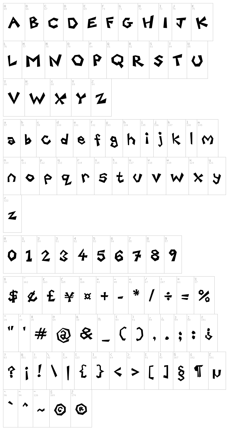 Freaky Paper Cutouts font map